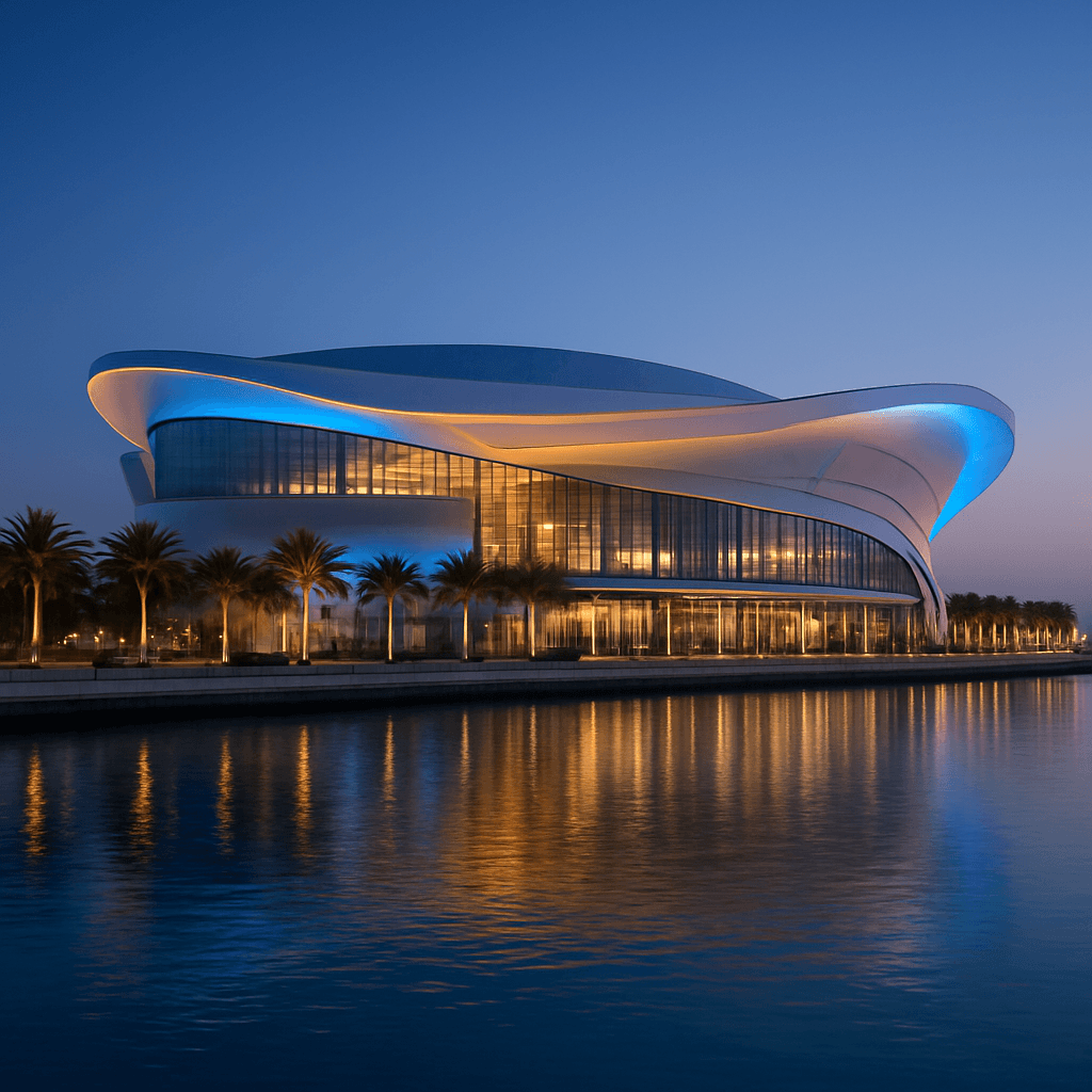 Etihad Arena Abu Dhabi illuminated at dusk beside the Yas Bay waterfront